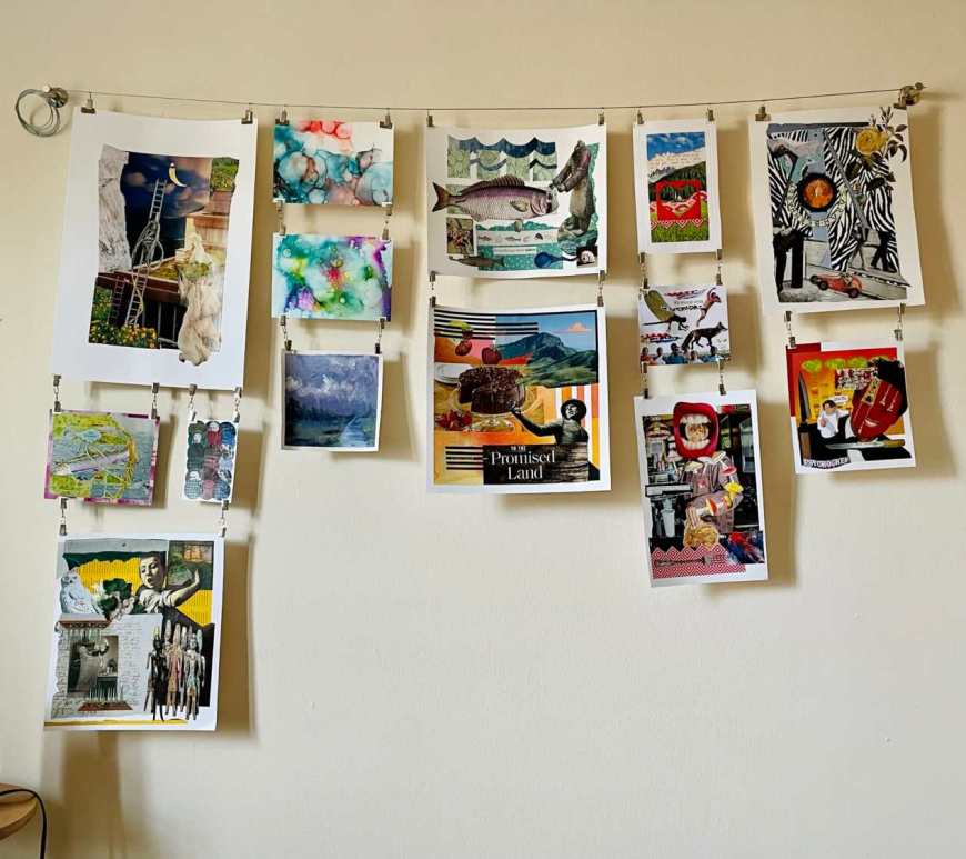 Hanging collages by Diana Zahuranec